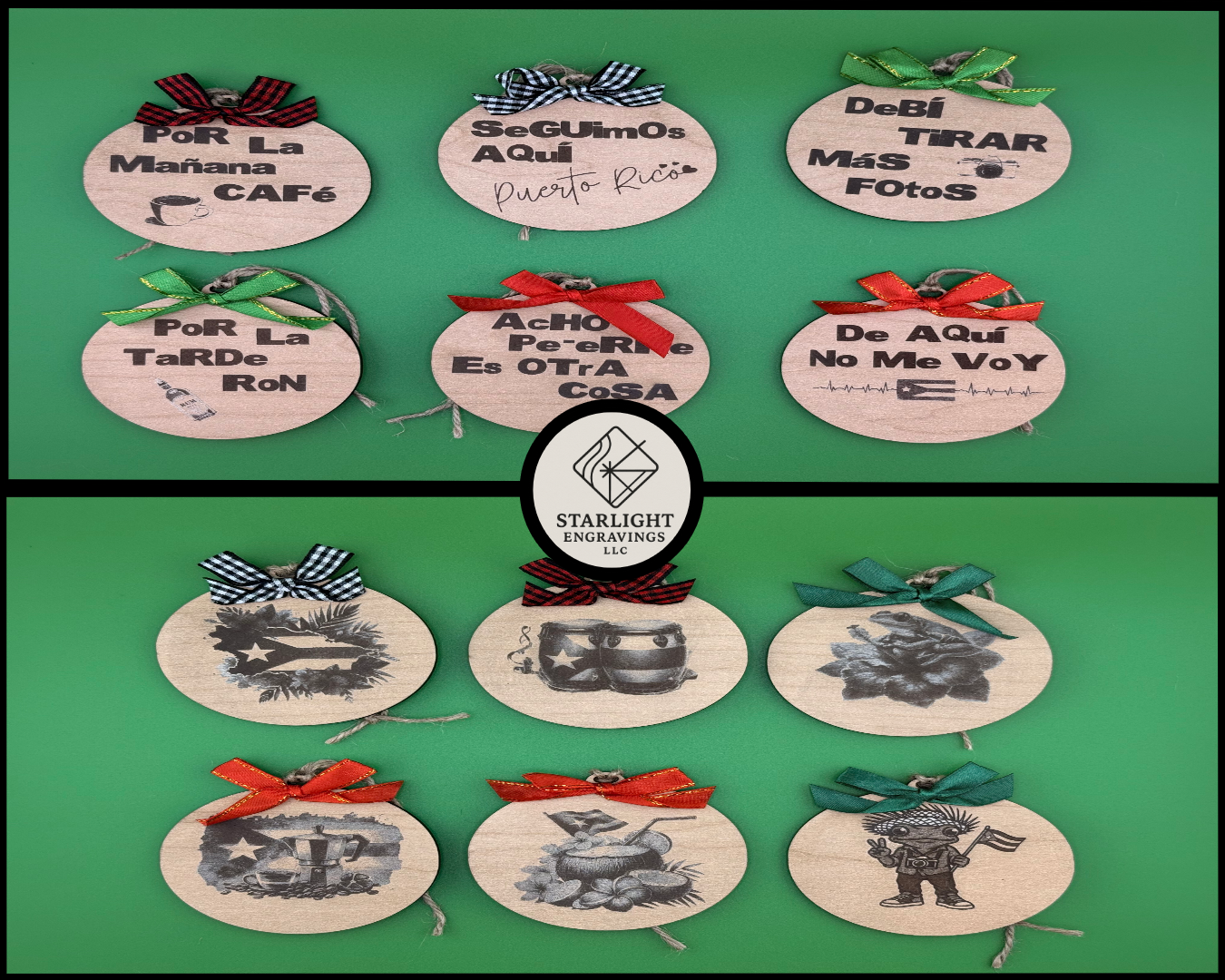 Puerto Rican Bad Bunny–Inspired 3" Engraved Wood Christmas Ornament Set of 6
